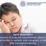 Child sleeping with study title overlay: NEW RESEARCH Assessment of acquired hypothalamic obesity and fatigue burden in patients and caregivers of patients with craniopharyngioma