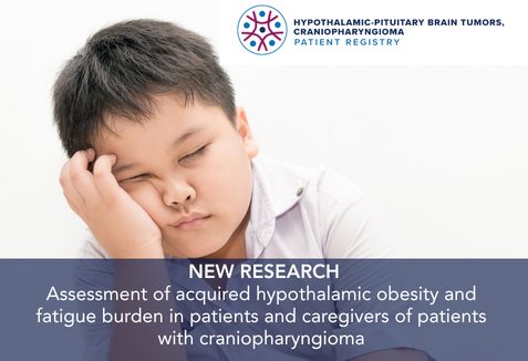 Child sleeping with study title overlay: NEW RESEARCH Assessment of acquired hypothalamic obesity and fatigue burden in patients and caregivers of patients with craniopharyngioma